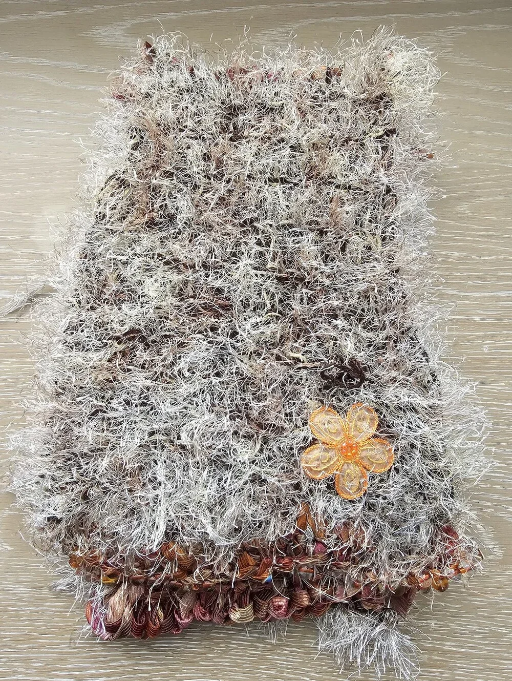 Vintage Y2K Hand Knitted Earthy Fuzzy Eyelash Yarn Scarf – Beige, Rust & Bronze